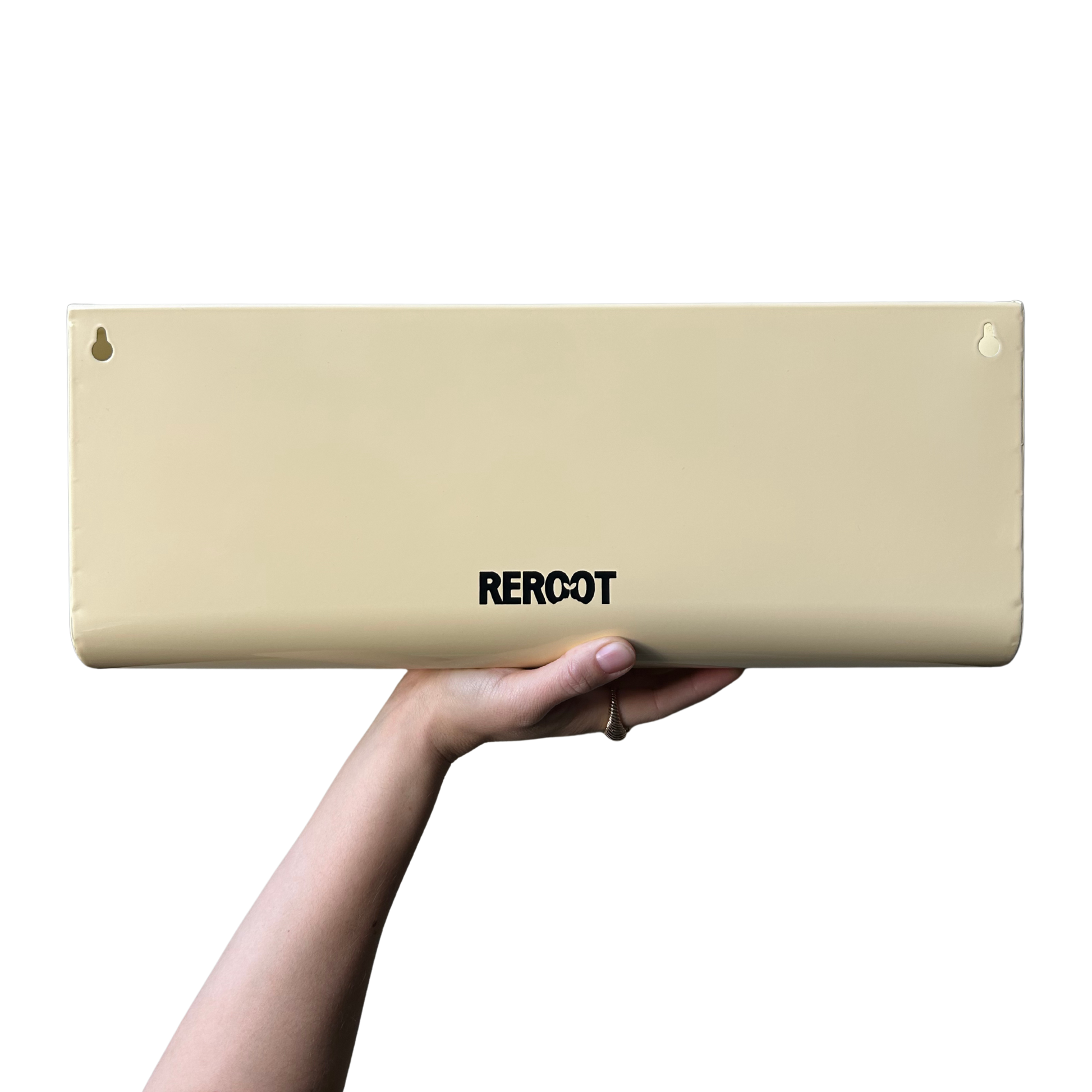 Cream stainless steel green planter held by a person's hand.