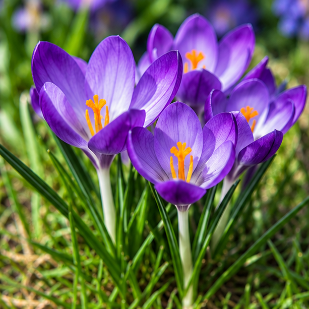 Purple crocuses with bright orange stamens
