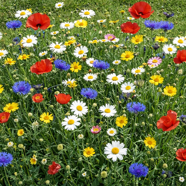 Colorful flower bed with common poppies, corn marigold, oxeye daisies and cornflowers on a grassy background