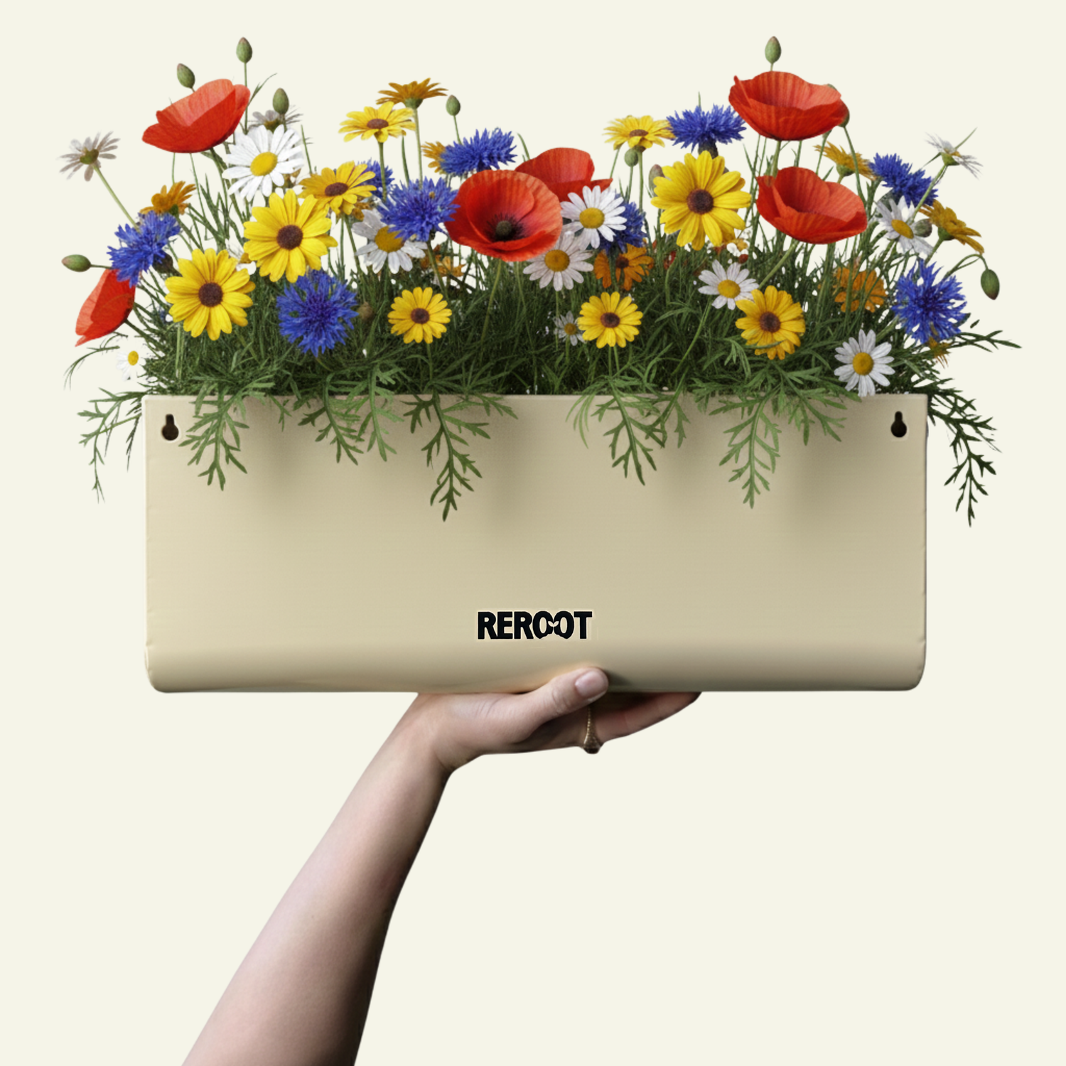 Hand holding a cream ReRoot planter containing assorted wildflowers. 